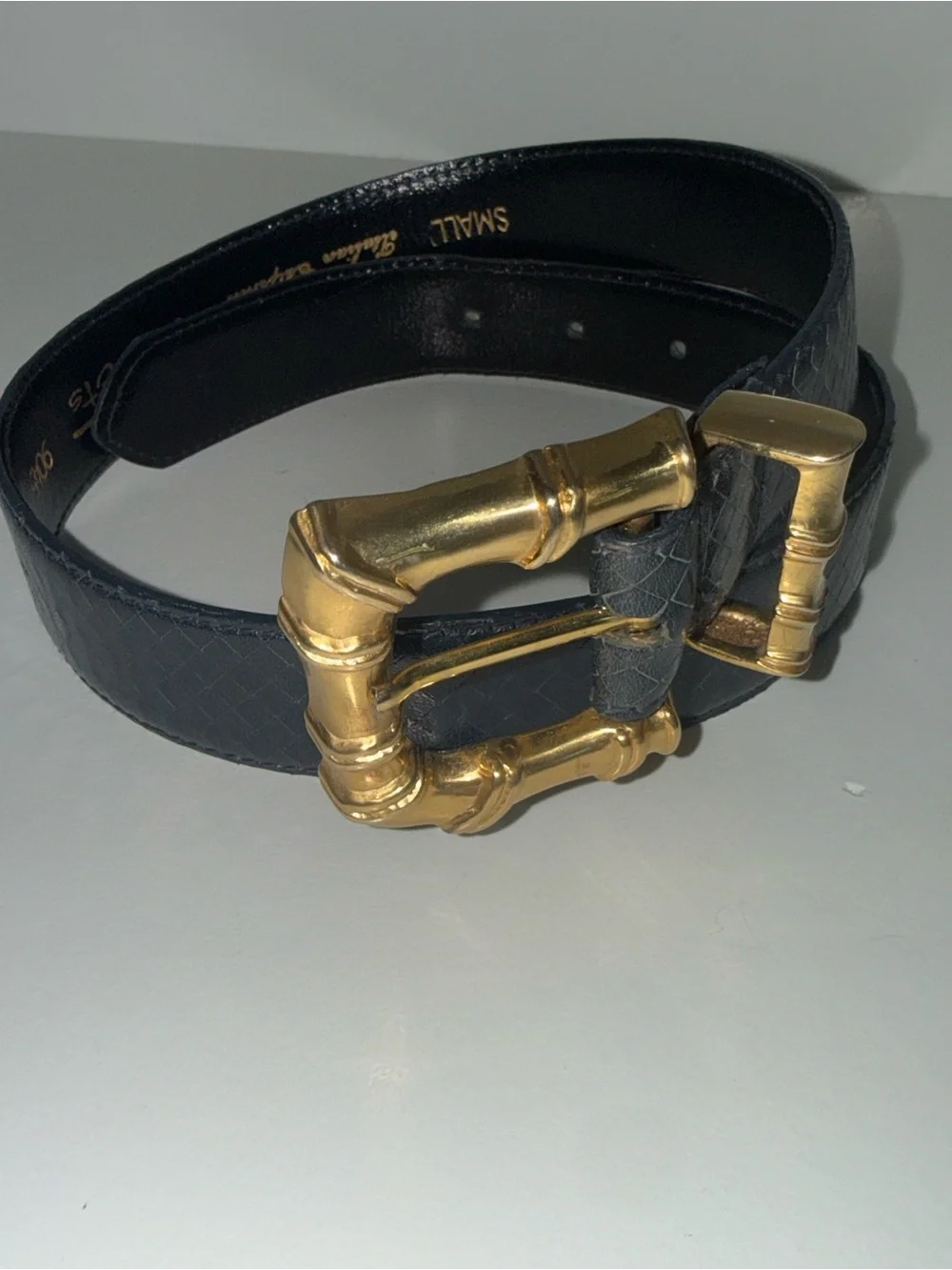 Talbots Italian Black Reptile Embossed Leather Belt with Gold Bamboo Buckle